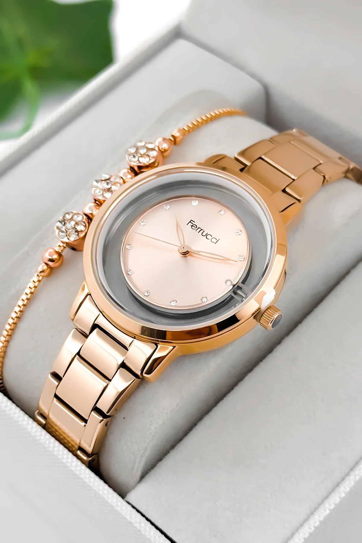 Ferrucci Çelik Kordon Çelik Kasa Kadın Kol Saati, Şeffaf Arka Cam Kapak Rose zmfer198