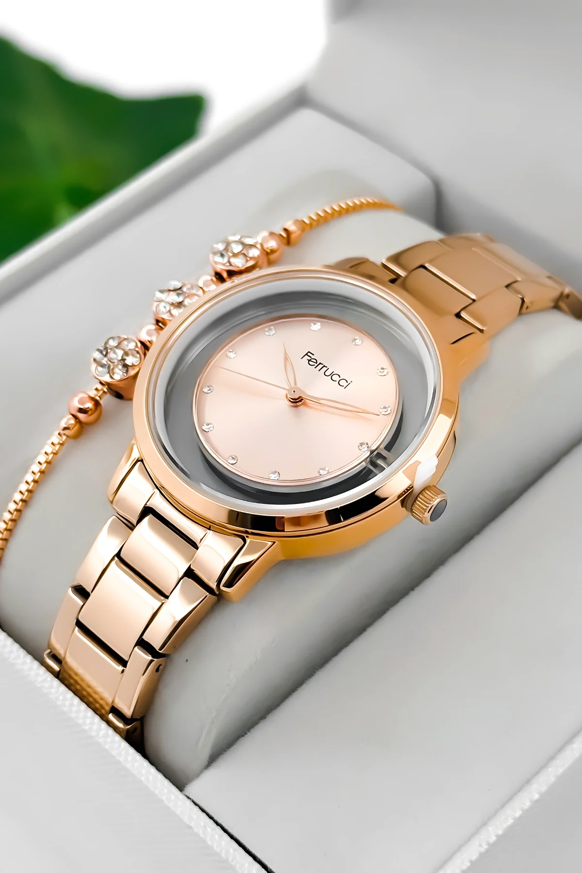 Ferrucci Çelik Kordon Çelik Kasa Kadın Kol Saati, Şeffaf Arka Cam Kapak Rose zmfer198