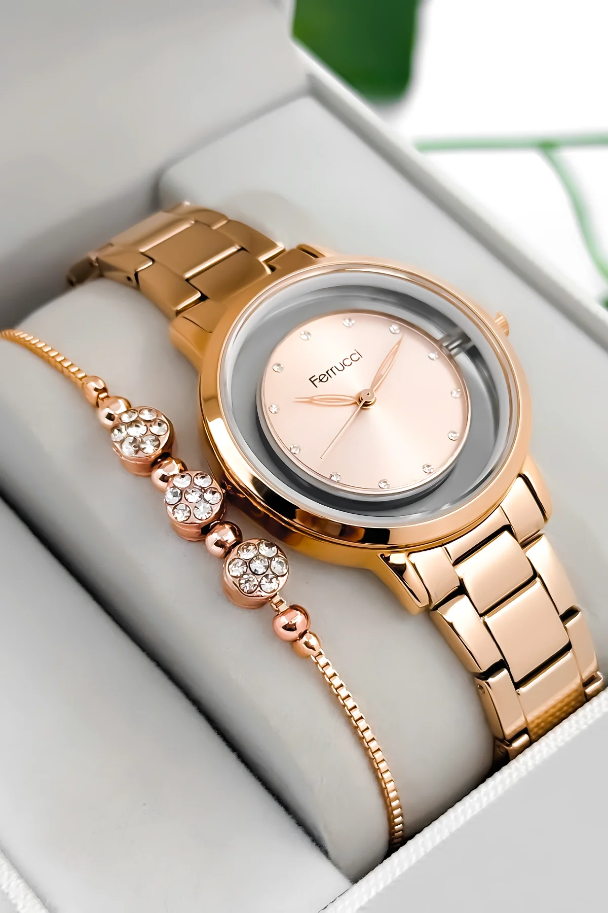 Ferrucci Çelik Kordon Çelik Kasa Kadın Kol Saati, Şeffaf Arka Cam Kapak Rose zmfer198