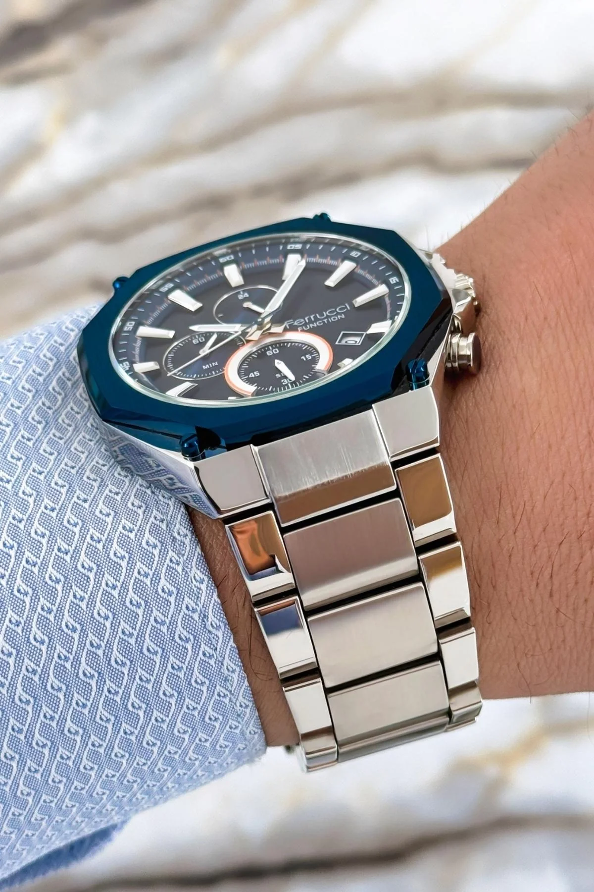 Ferrucci Erkek Kol Saati Function 3 ATM+Gümüş Çelik Kordon&Kasa+Bileklik zmfer097