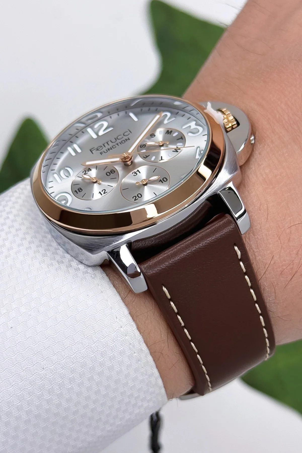 Ferrucci Function Deri Kordon Erkek Kol Saati 3 ATM- Bileklik Hediyeli Kahve-Rose zmfer162