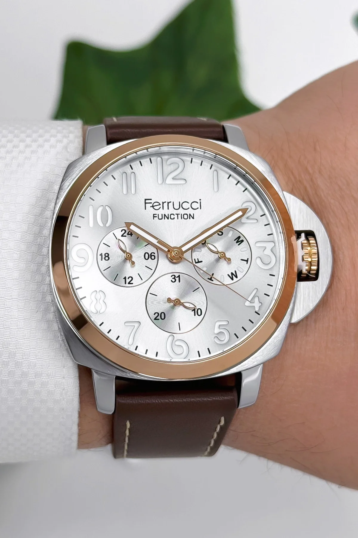 Ferrucci Function Deri Kordon Erkek Kol Saati 3 ATM- Bileklik Hediyeli Kahve-Rose zmfer162