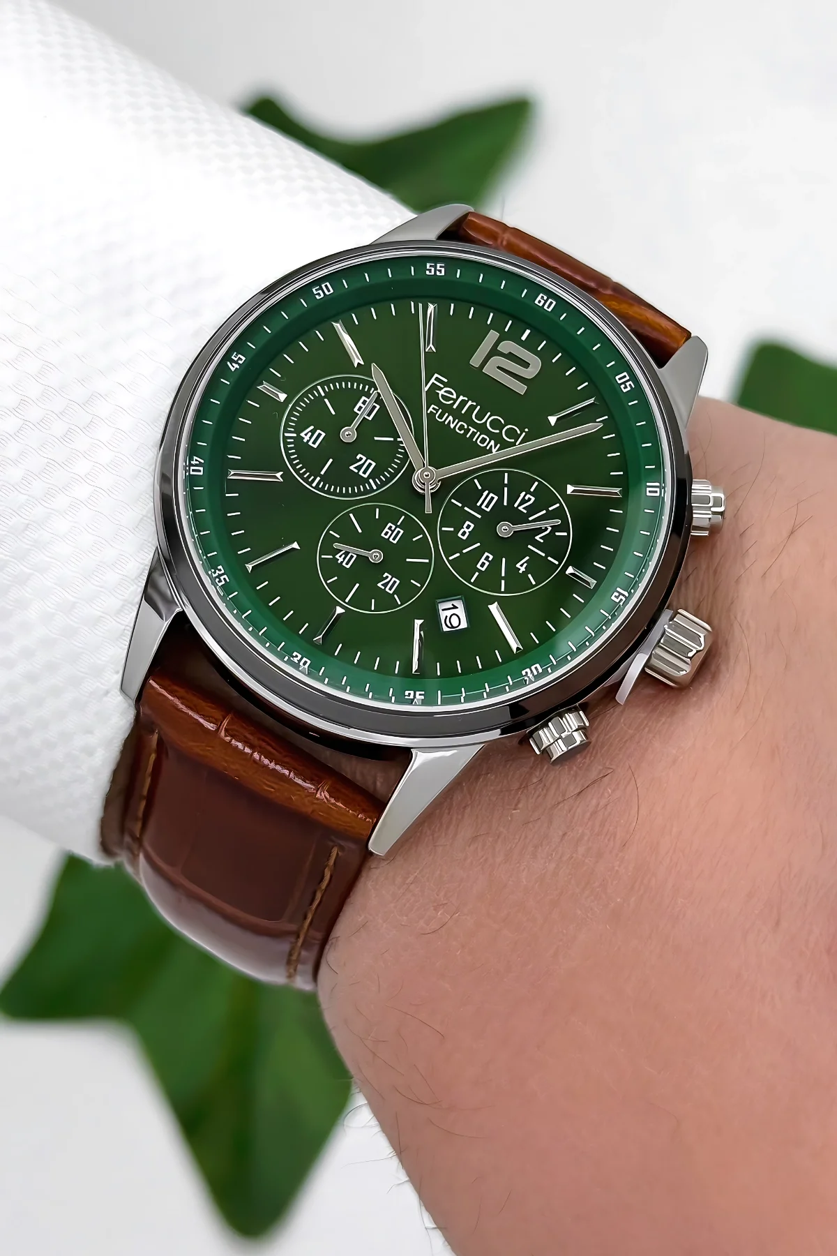 Ferrucci Function Deri Kordon Erkek Kol Saati 3 ATM- Bileklik Hediyeli Kahve-Yeşil zmfer163