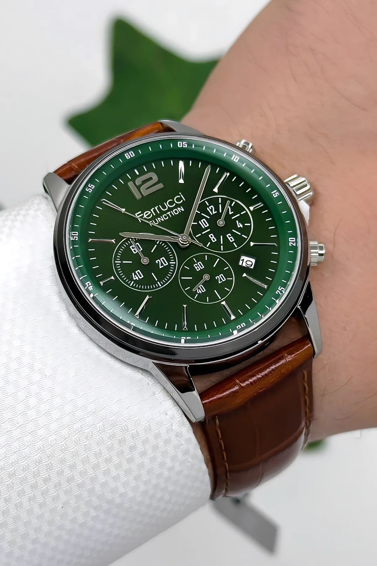 Ferrucci Function Deri Kordon Erkek Kol Saati 3 ATM- Bileklik Hediyeli Kahve-Yeşil zmfer163