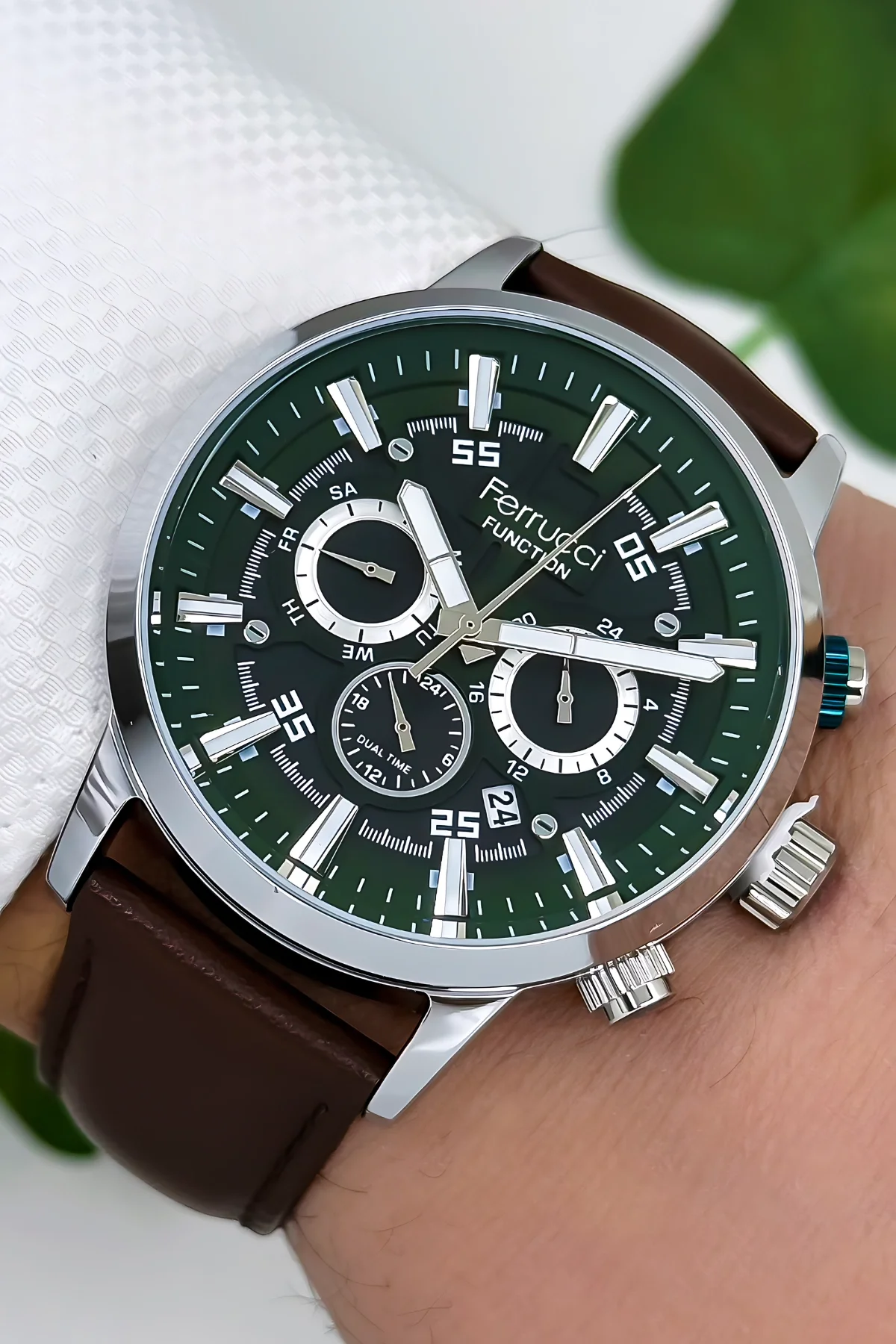 Ferrucci Function Deri Kordon Erkek Kol Saati 3 ATM- Bileklik Hediyeli Kahverengi-Gümüş zmfer168