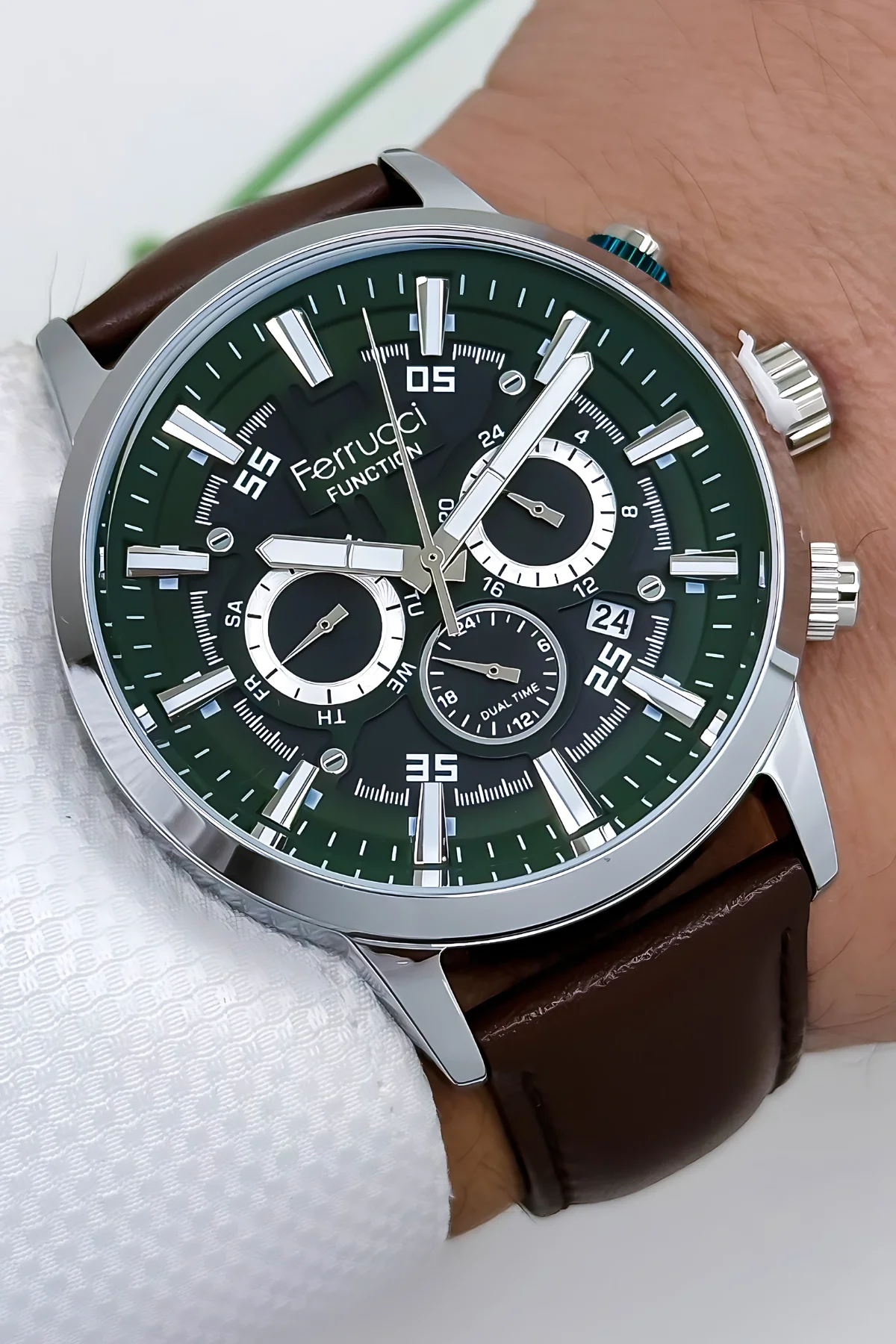 Ferrucci Function Deri Kordon Erkek Kol Saati 3 ATM- Bileklik Hediyeli Kahverengi-Gümüş zmfer168