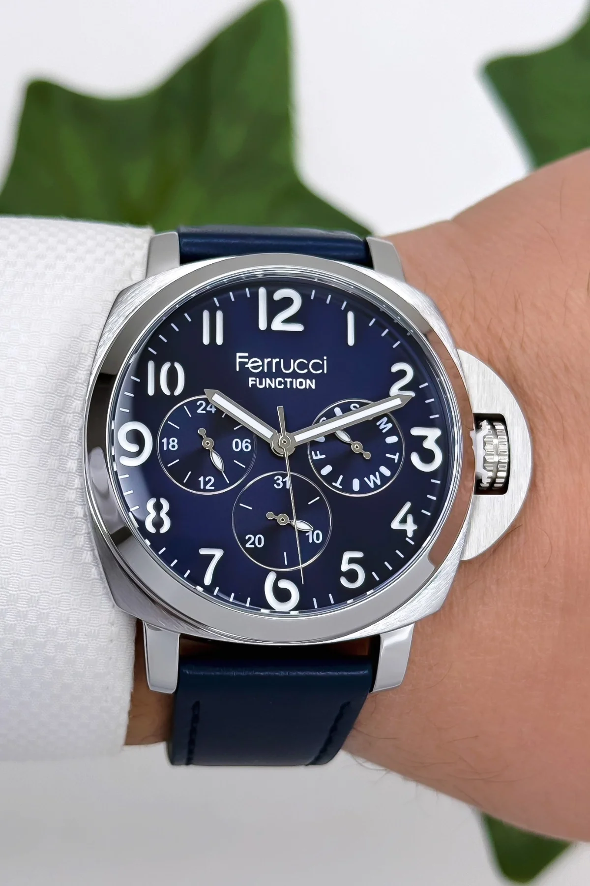 Ferrucci Function Deri Kordon Erkek Kol Saati 3 ATM- Bileklik Hediyeli Lacivert-Gümüş zmfer162