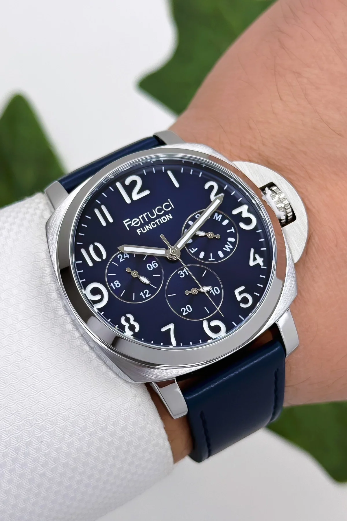 Ferrucci Function Deri Kordon Erkek Kol Saati 3 ATM- Bileklik Hediyeli Lacivert-Gümüş zmfer162