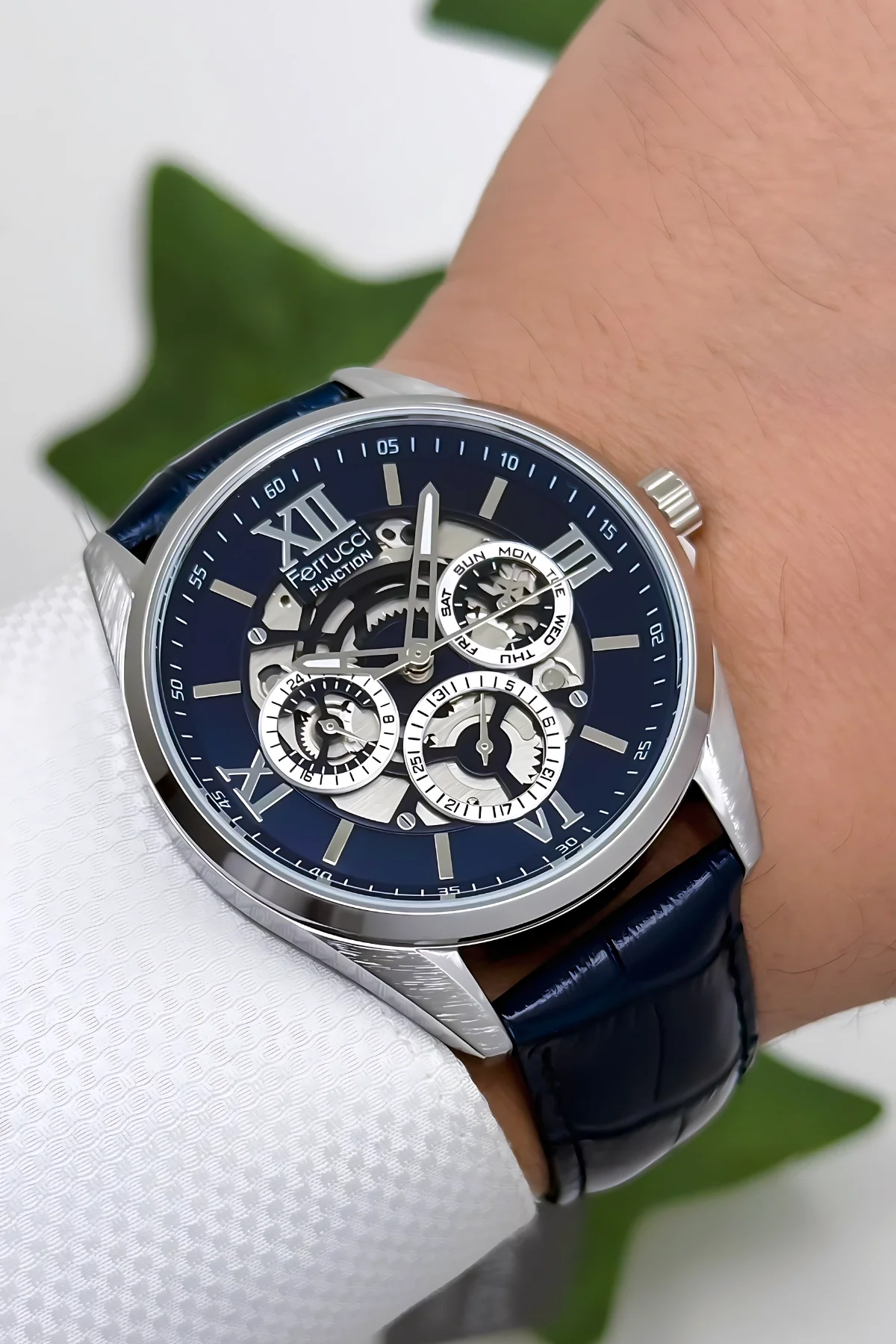 Ferrucci Function Deri Kordon Erkek Kol Saati 3 ATM- Bileklik Hediyeli Lacivert-Gümüş zmfer166