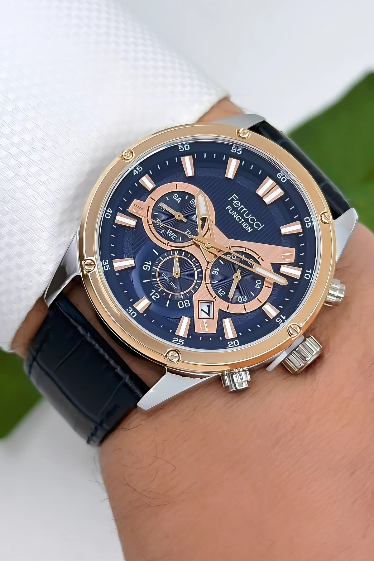 Ferrucci Function Deri Kordon Erkek Kol Saati 3 ATM- Bileklik Hediyeli Lacivert-Rose zmfer165