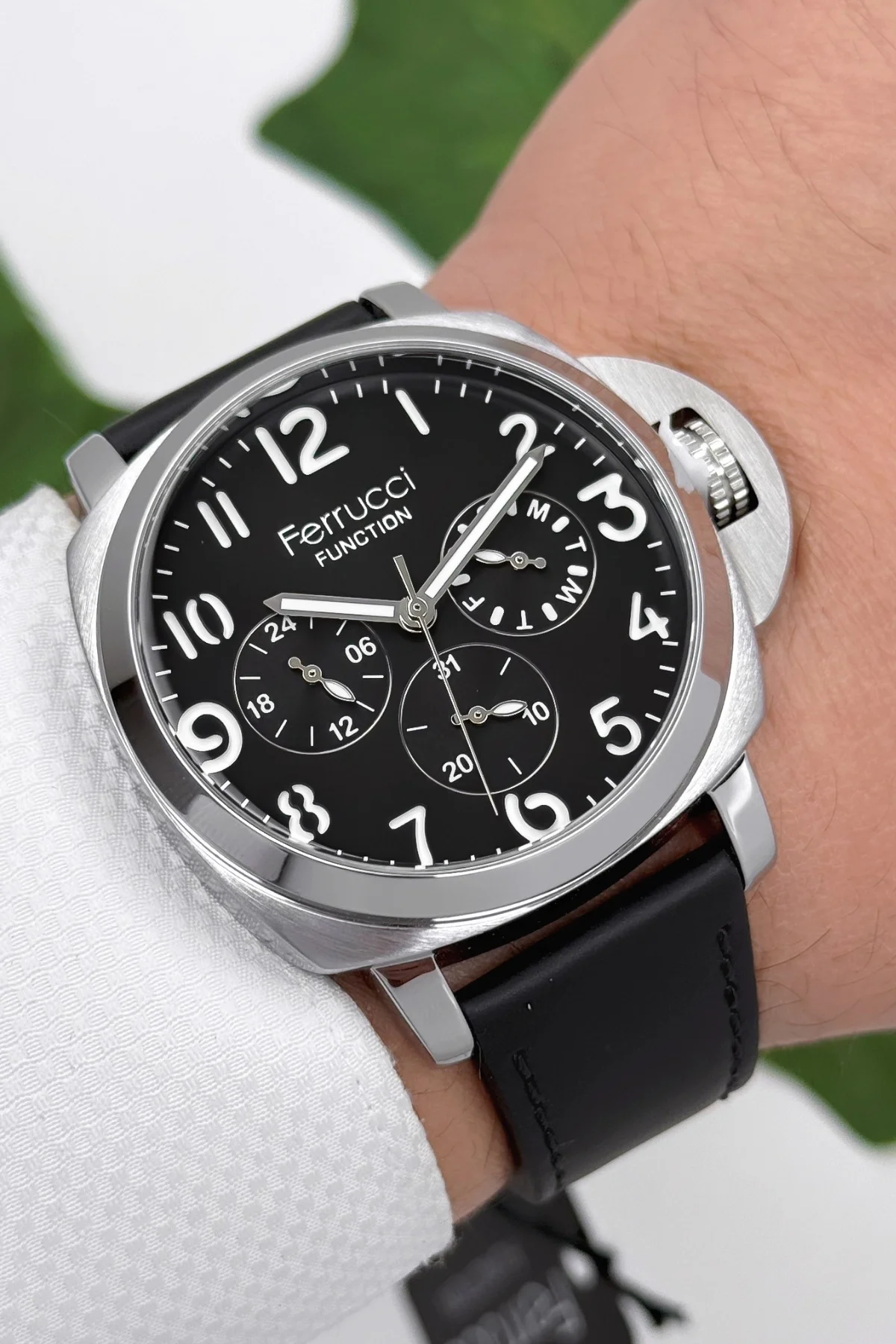 Ferrucci Function Deri Kordon Erkek Kol Saati 3 ATM- Bileklik Hediyeli Siyah Gümüş zmfer162