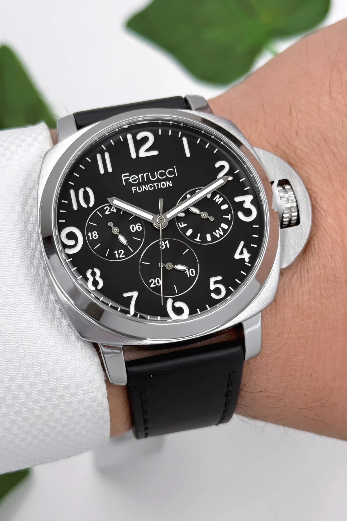 Ferrucci Function Deri Kordon Erkek Kol Saati 3 ATM- Bileklik Hediyeli Siyah Gümüş zmfer162