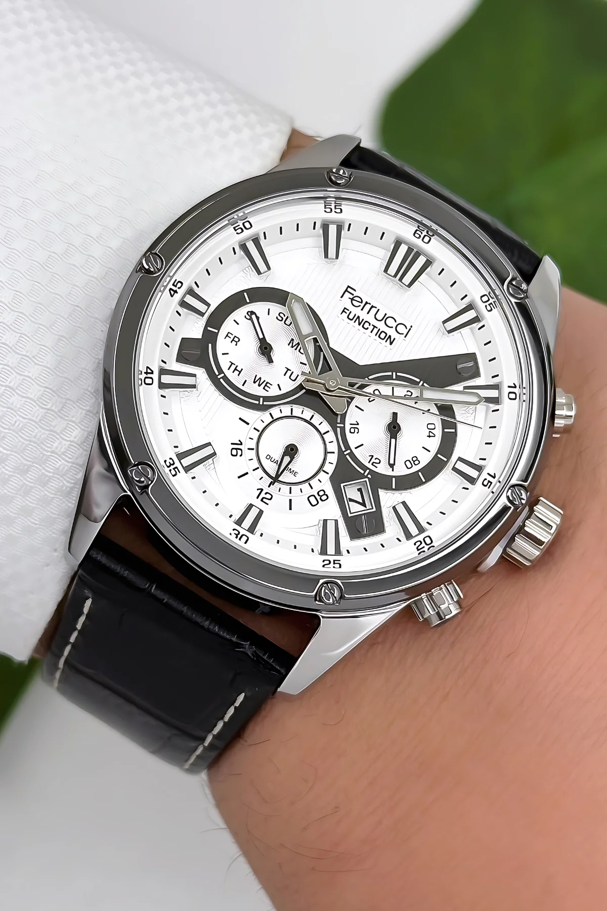 Ferrucci Function Deri Kordon Erkek Kol Saati 3 ATM- Bileklik Hediyeli Siyah-Gümüş zmfer165