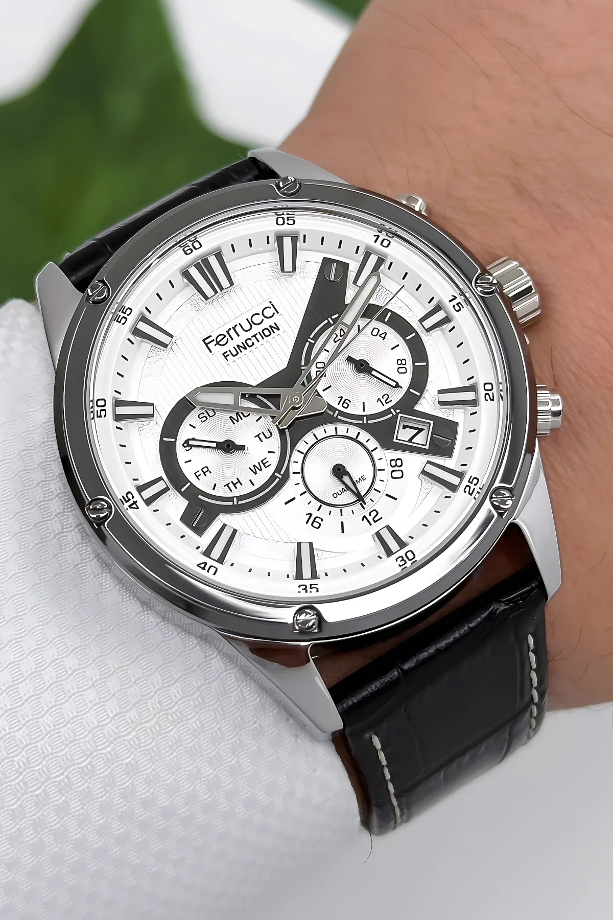 Ferrucci Function Deri Kordon Erkek Kol Saati 3 ATM- Bileklik Hediyeli Siyah-Gümüş zmfer165