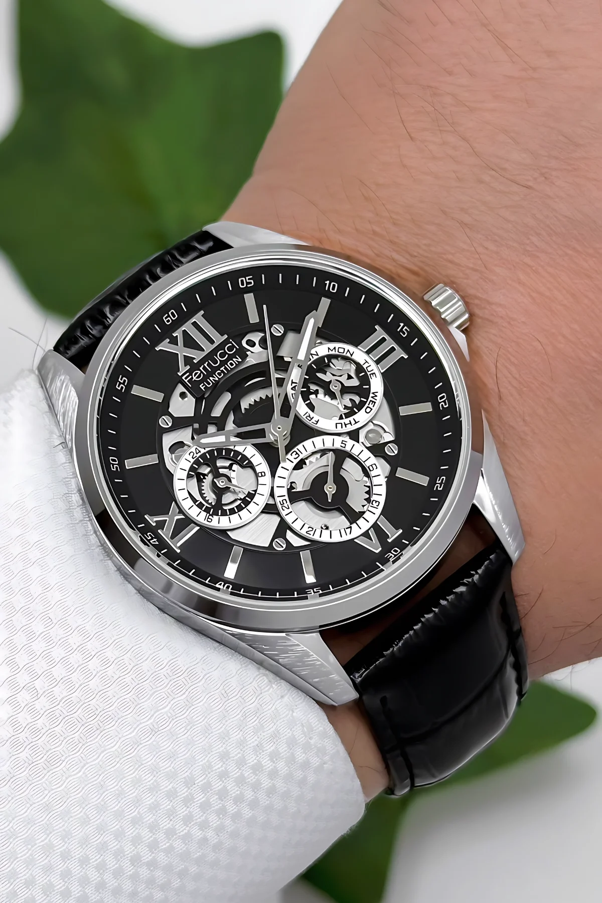 Ferrucci Function Deri Kordon Erkek Kol Saati 3 ATM- Bileklik Hediyeli Siyah-Gümüş zmfer166
