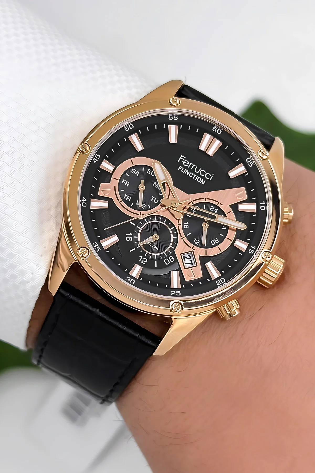 Ferrucci Function Deri Kordon Erkek Kol Saati 3 ATM- Bileklik Hediyeli Siyah-Rose zmfer165