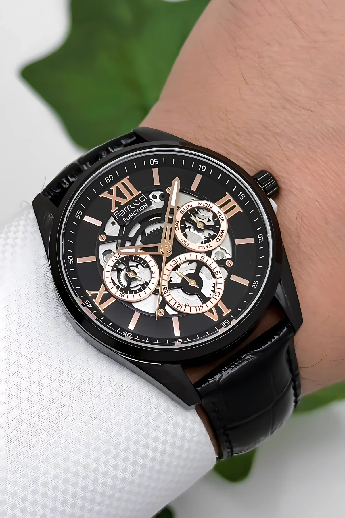 Ferrucci Function Deri Kordon Erkek Kol Saati 3 ATM- Bileklik Hediyeli Siyah-Rose zmfer166