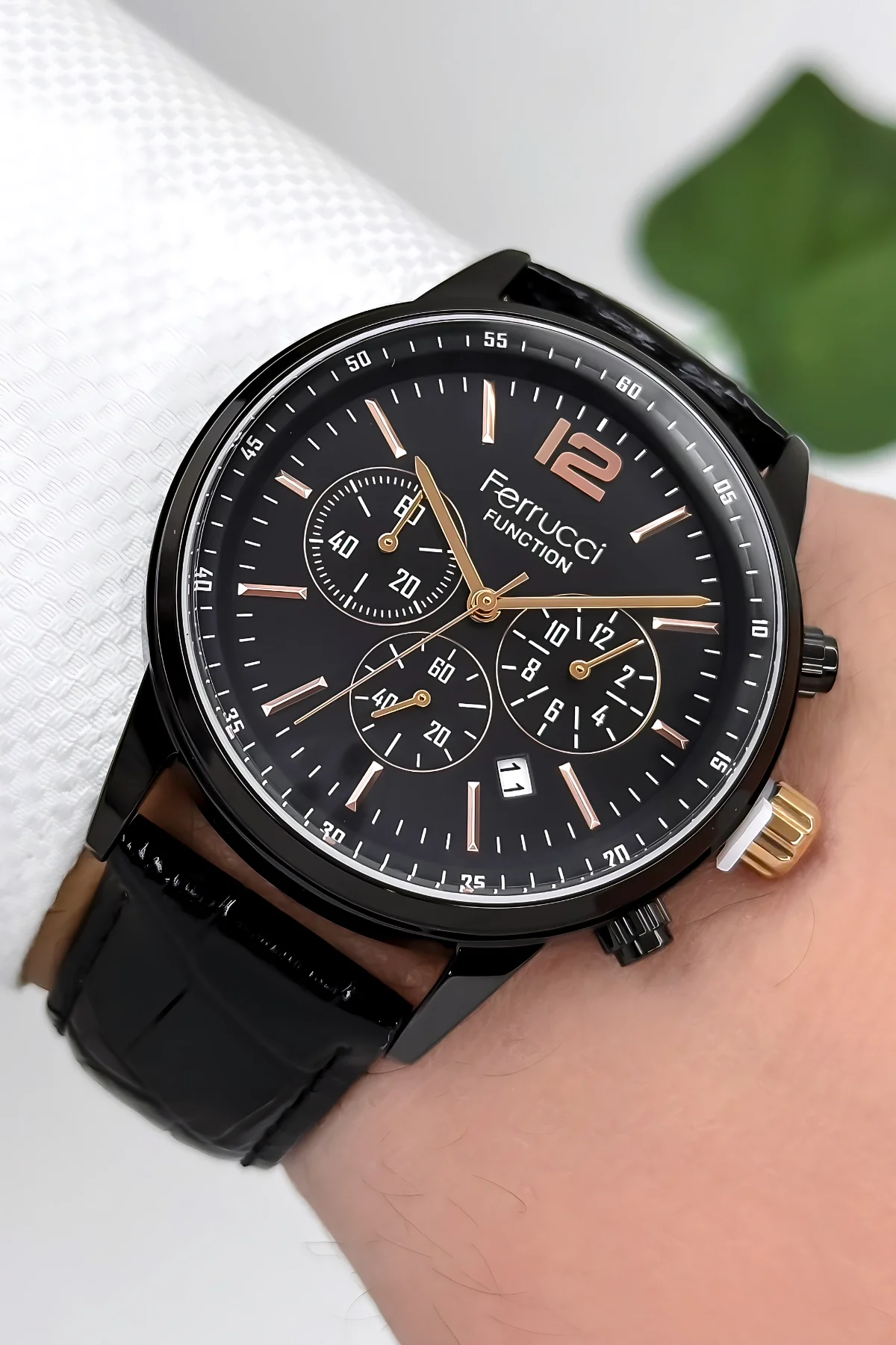 Ferrucci Function Deri Kordon Erkek Kol Saati 3 ATM- Bileklik Hediyeli Siyah zmfer163
