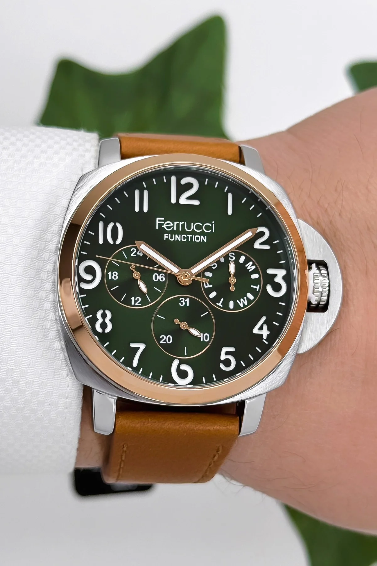 Ferrucci Function Deri Kordon Erkek Kol Saati 3 ATM- Bileklik Hediyeli Taba-Gümüş-Rose zmfer162