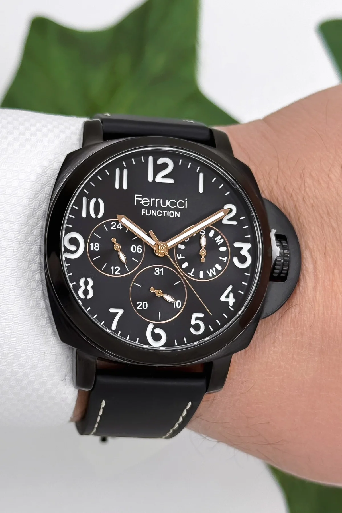 Ferrucci Function Deri Kordon Erkek Kol Saati 3 ATM- Bileklik Hediyeli Siyah zmfer162