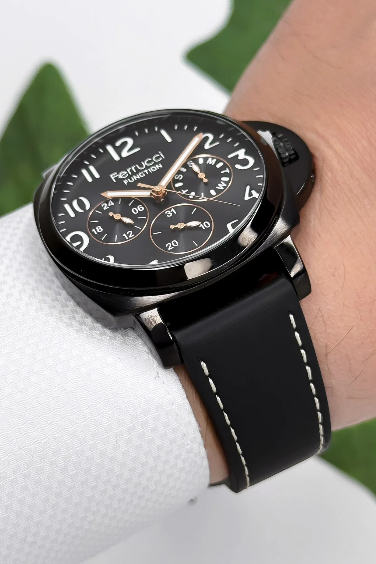 Ferrucci Function Deri Kordon Erkek Kol Saati 3 ATM- Bileklik Hediyeli Siyah zmfer162