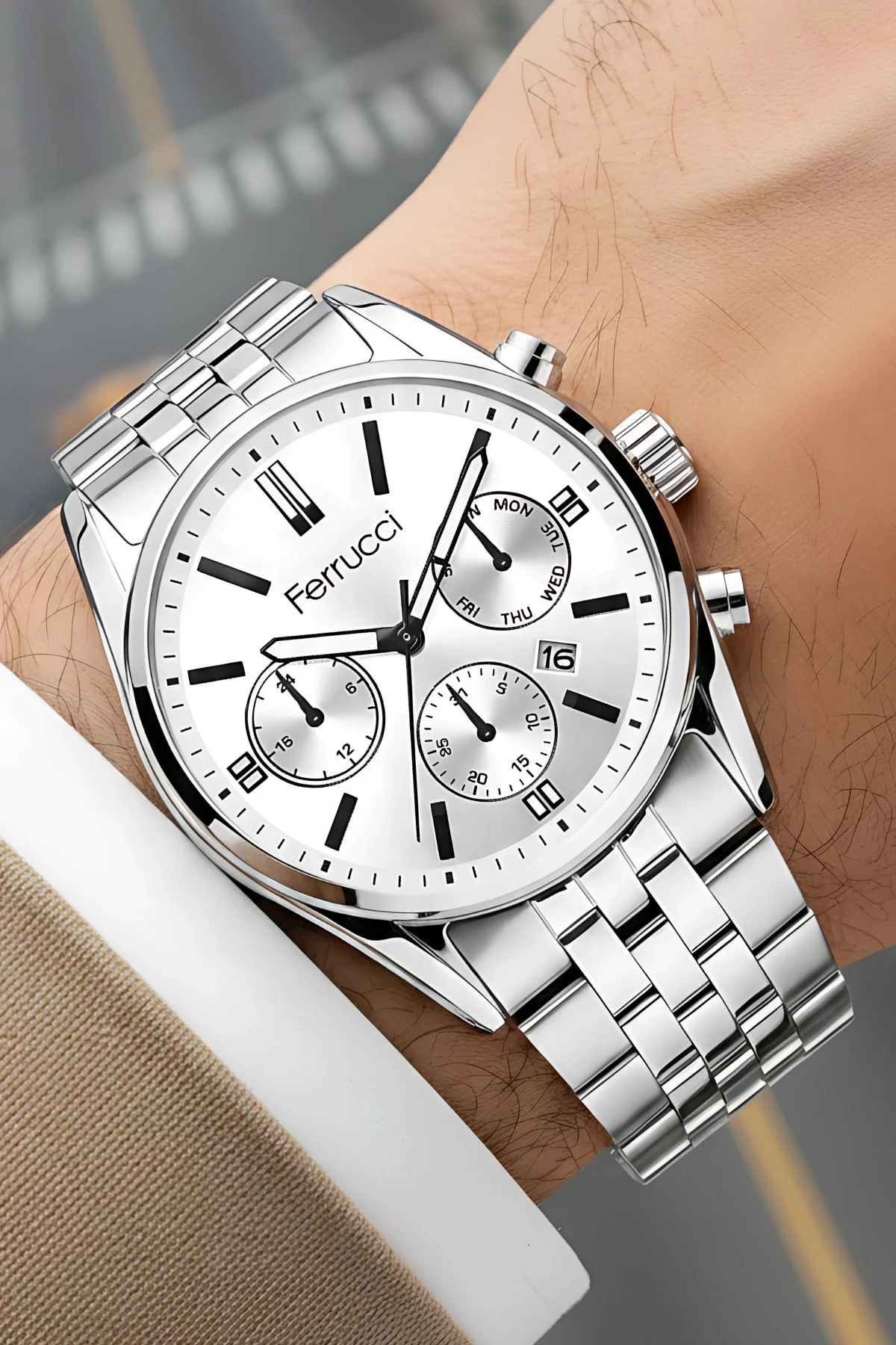 Ferrucci Takvimli Erkek Kol Saati Çelik Kasa & Çelik Kordon Gümüş-Beyaz zmfer205