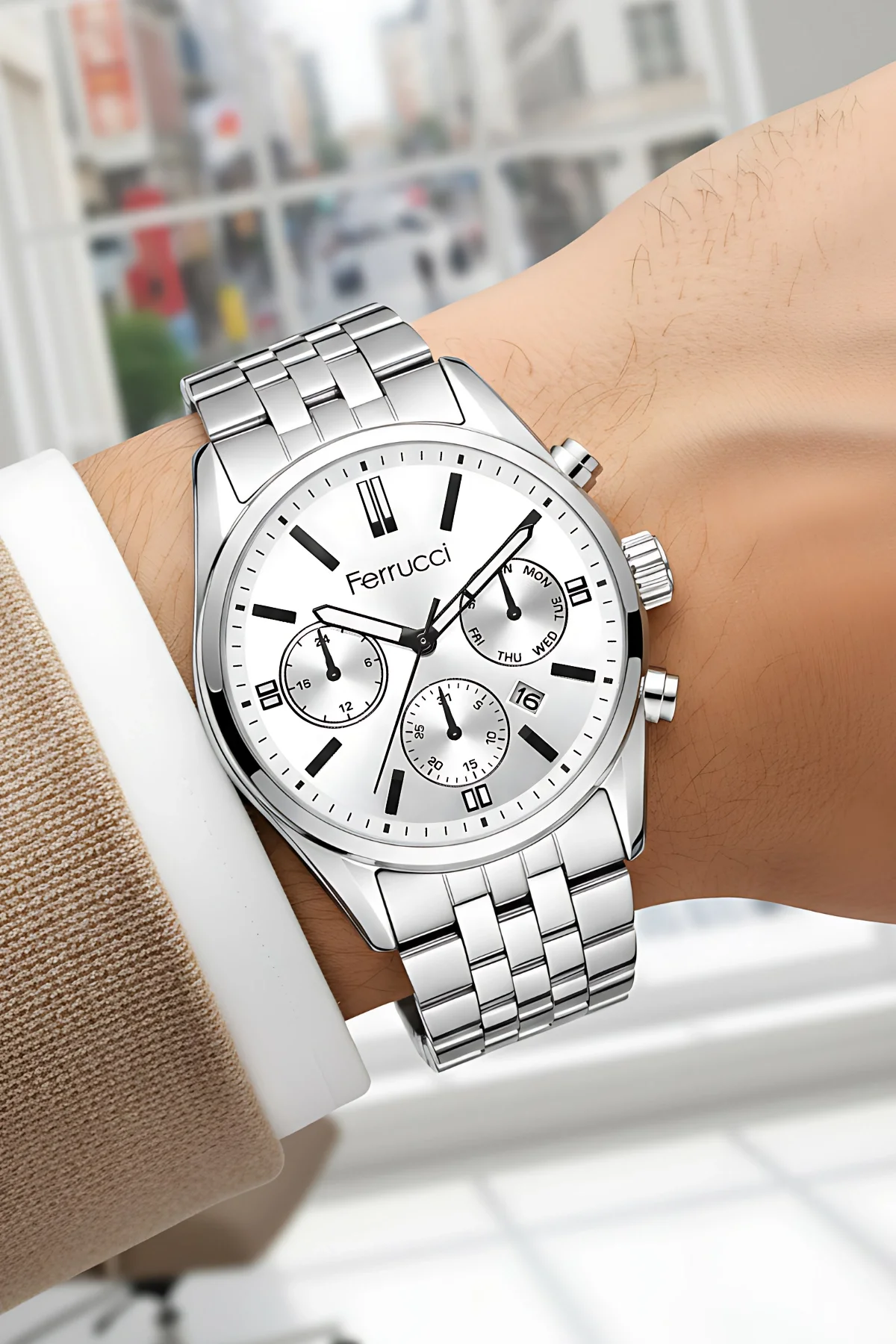 Ferrucci Takvimli Erkek Kol Saati Çelik Kasa & Çelik Kordon Gümüş-Beyaz zmfer205