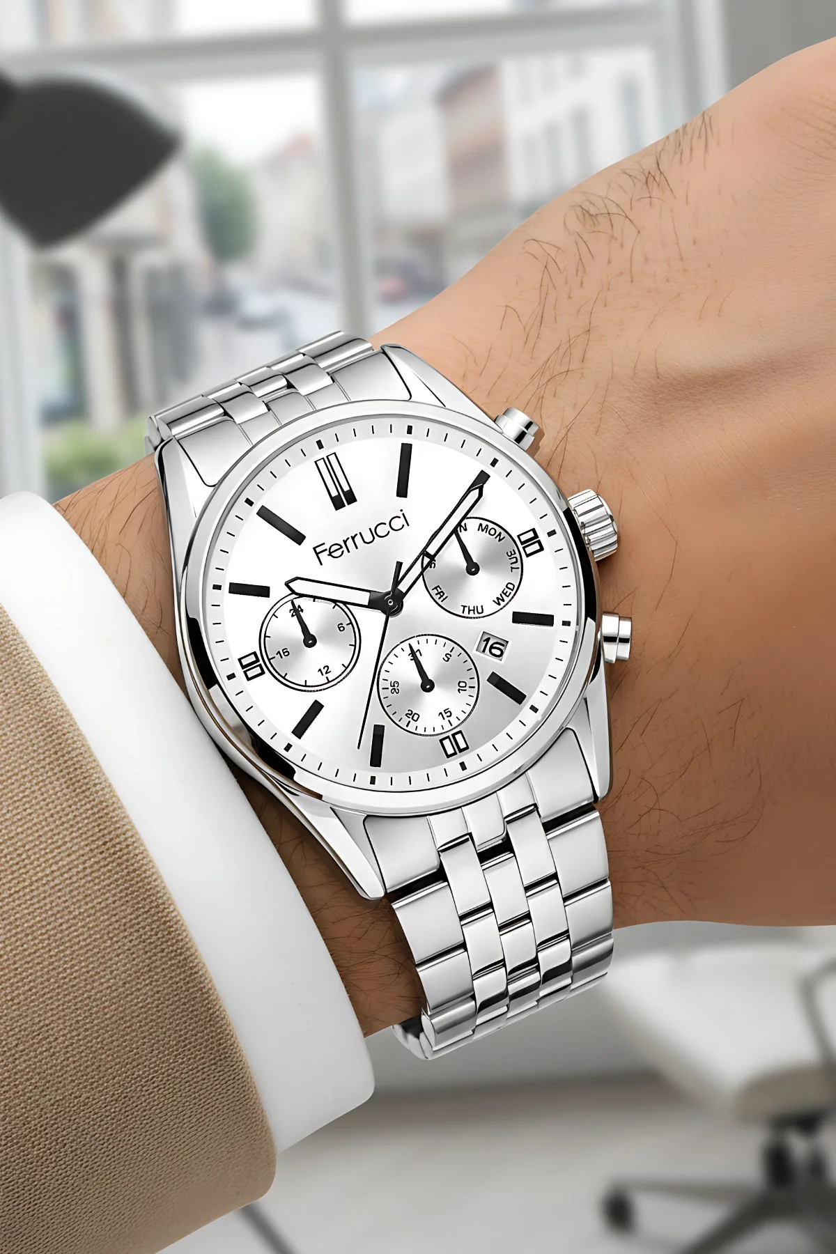 Ferrucci Takvimli Erkek Kol Saati Çelik Kasa & Çelik Kordon Gümüş-Beyaz zmfer205