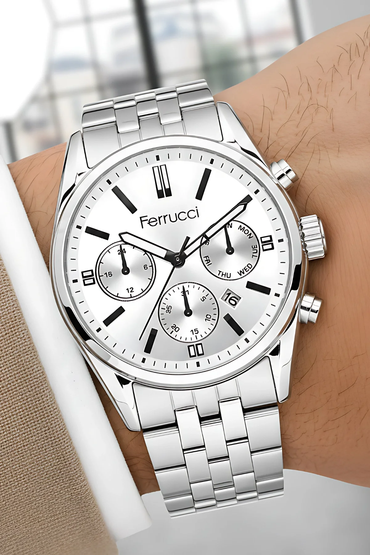 Ferrucci Takvimli Erkek Kol Saati Çelik Kasa & Çelik Kordon Gümüş-Beyaz zmfer205