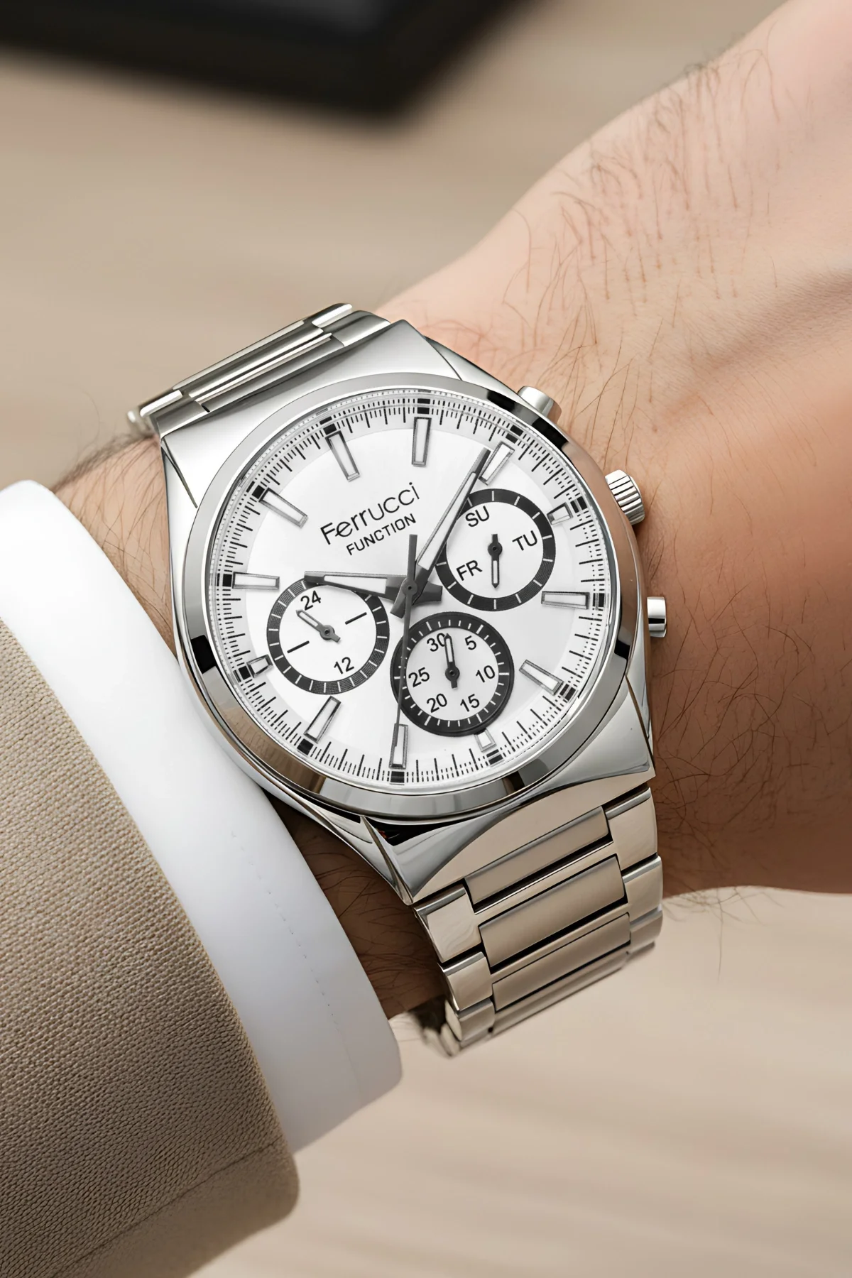 Ferrucci Function Erkek Kol Saati Çelik Kasa & Çelik Kordon Gümüş-Beyaz zmfer217