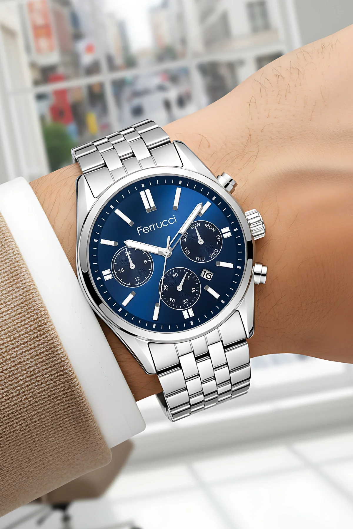 Ferrucci Takvimli Erkek Kol Saati Çelik Kasa & Çelik Kordon Gümüş-Mavi zmfer205