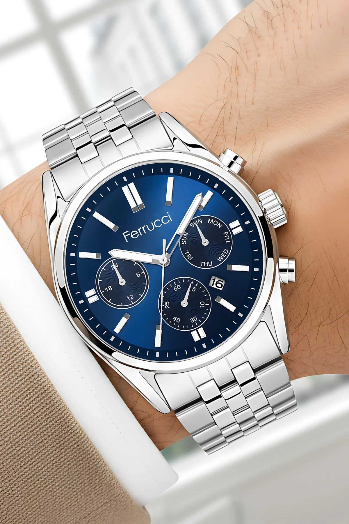 Ferrucci Takvimli Erkek Kol Saati Çelik Kasa & Çelik Kordon Gümüş-Mavi zmfer205