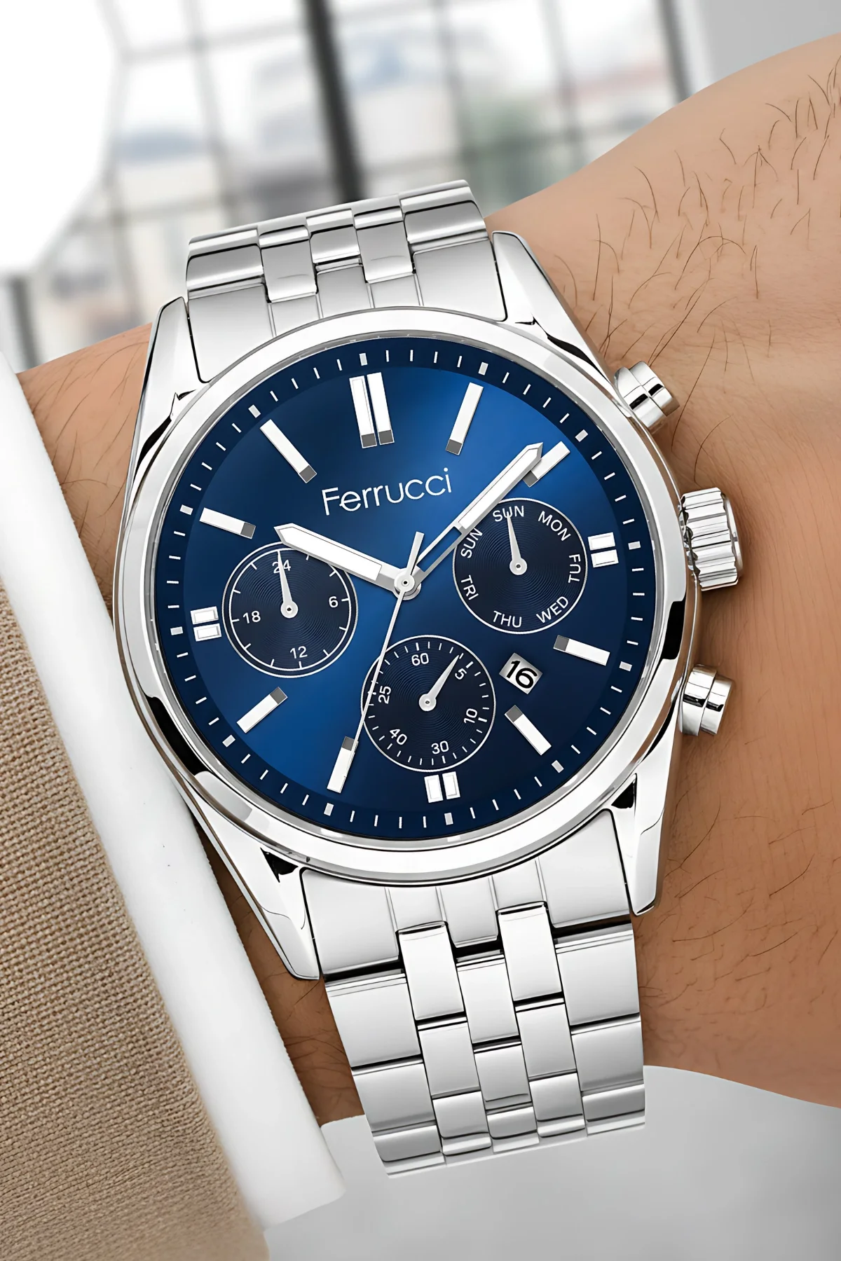 Ferrucci Takvimli Erkek Kol Saati Çelik Kasa & Çelik Kordon Gümüş-Mavi zmfer205