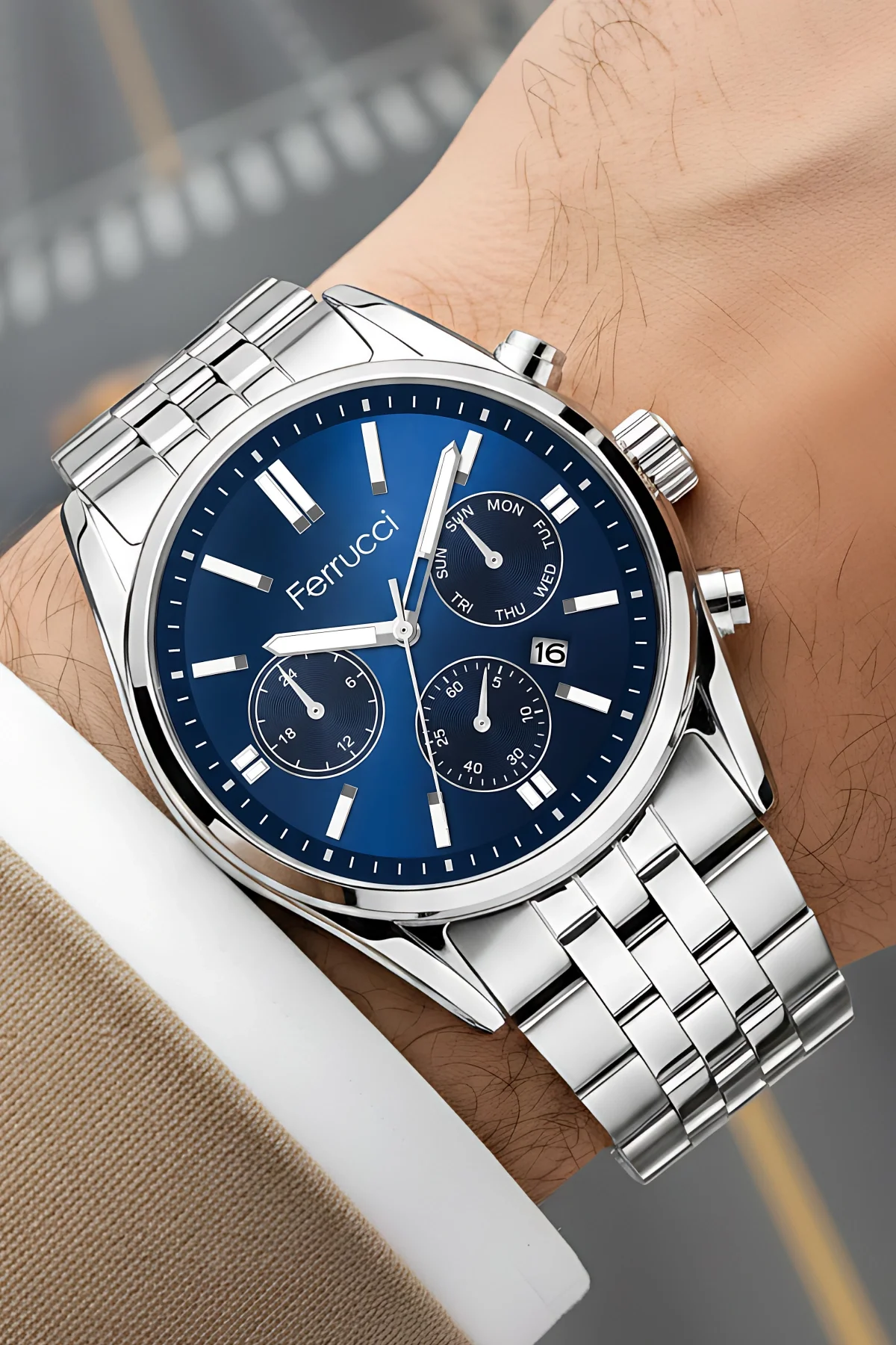 Ferrucci Takvimli Erkek Kol Saati Çelik Kasa & Çelik Kordon Gümüş-Mavi zmfer205