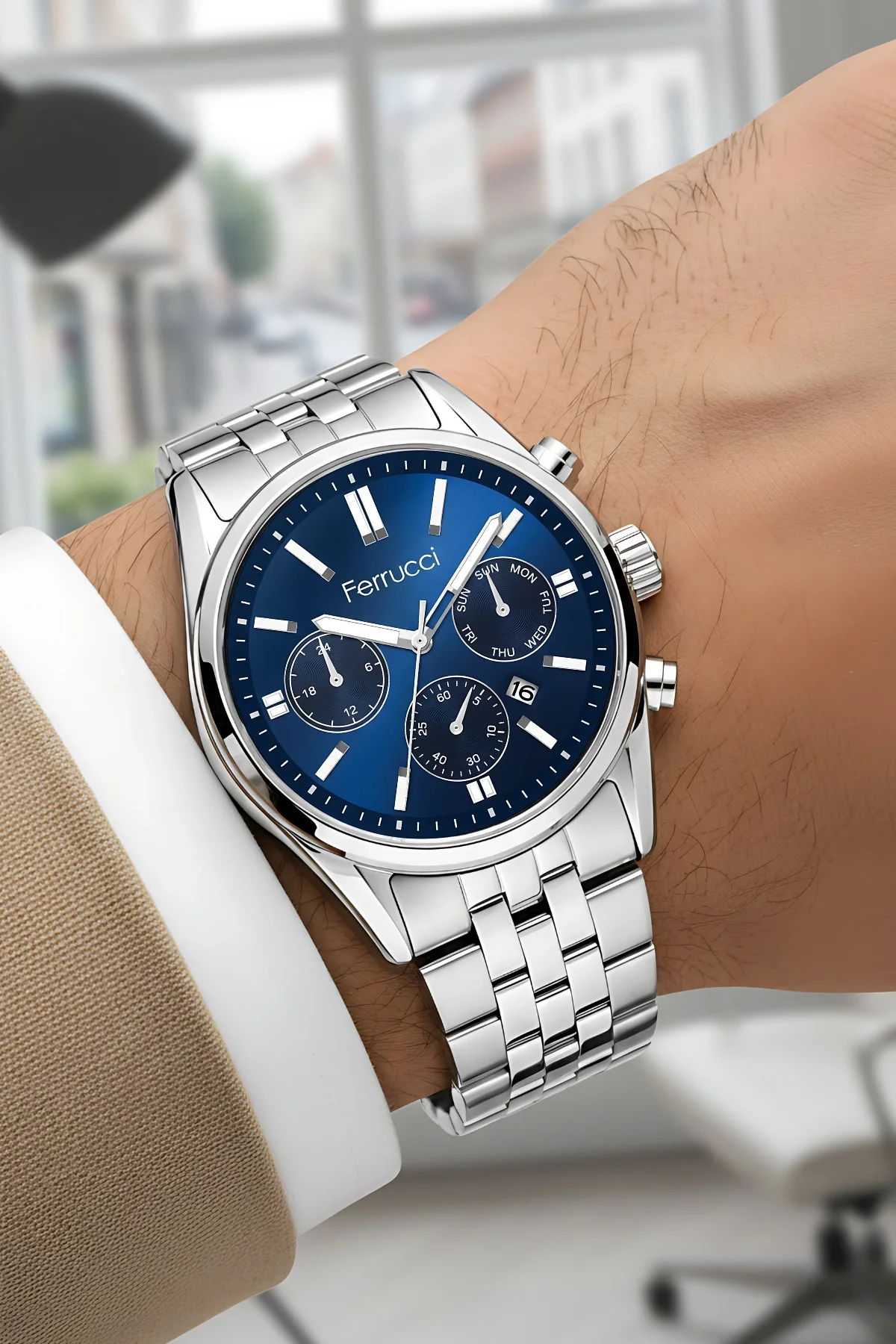 Ferrucci Takvimli Erkek Kol Saati Çelik Kasa & Çelik Kordon Gümüş-Mavi zmfer205