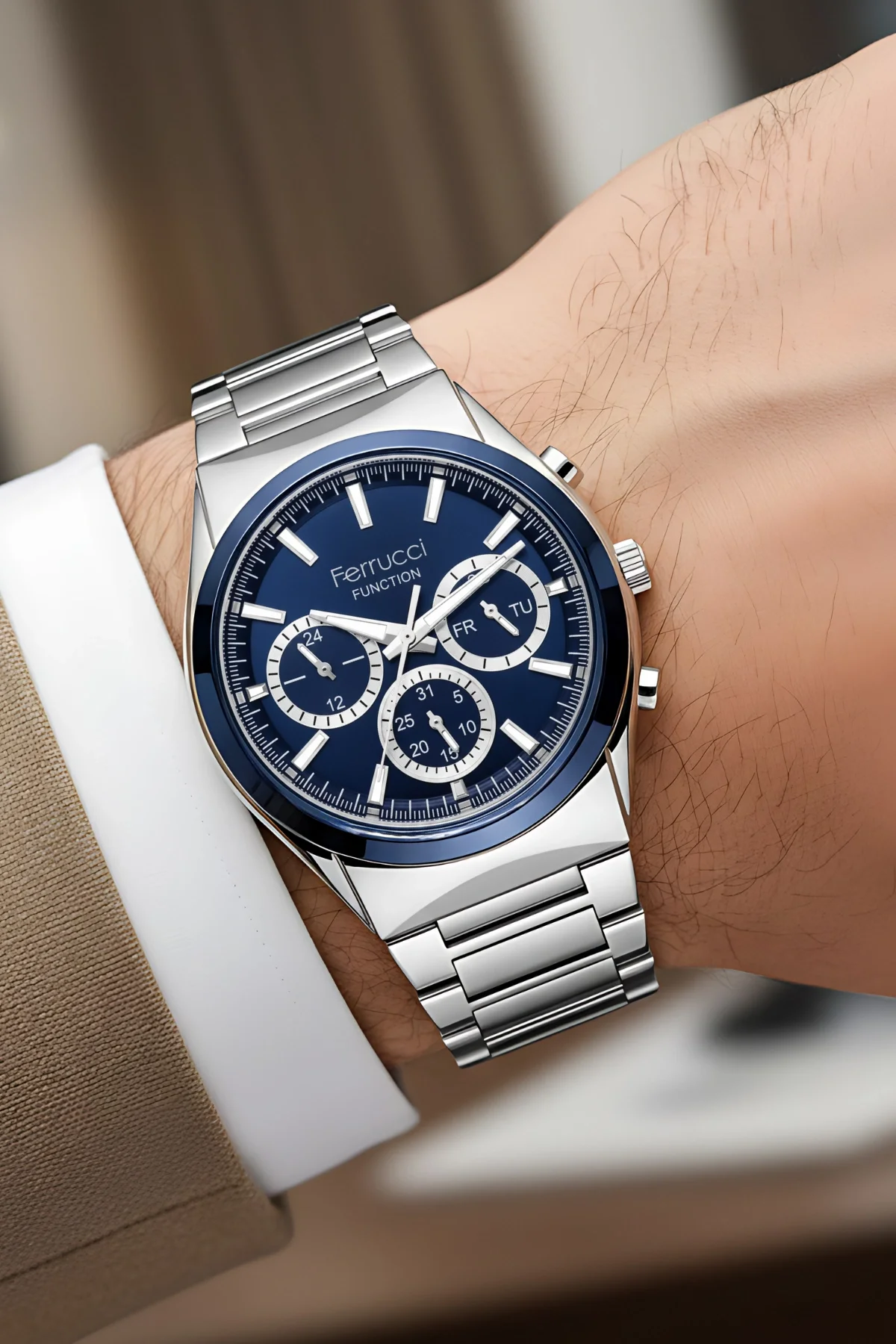 Ferrucci Function Erkek Kol Saati Çelik Kasa & Çelik Kordon Gümüş-Mavi zmfer217