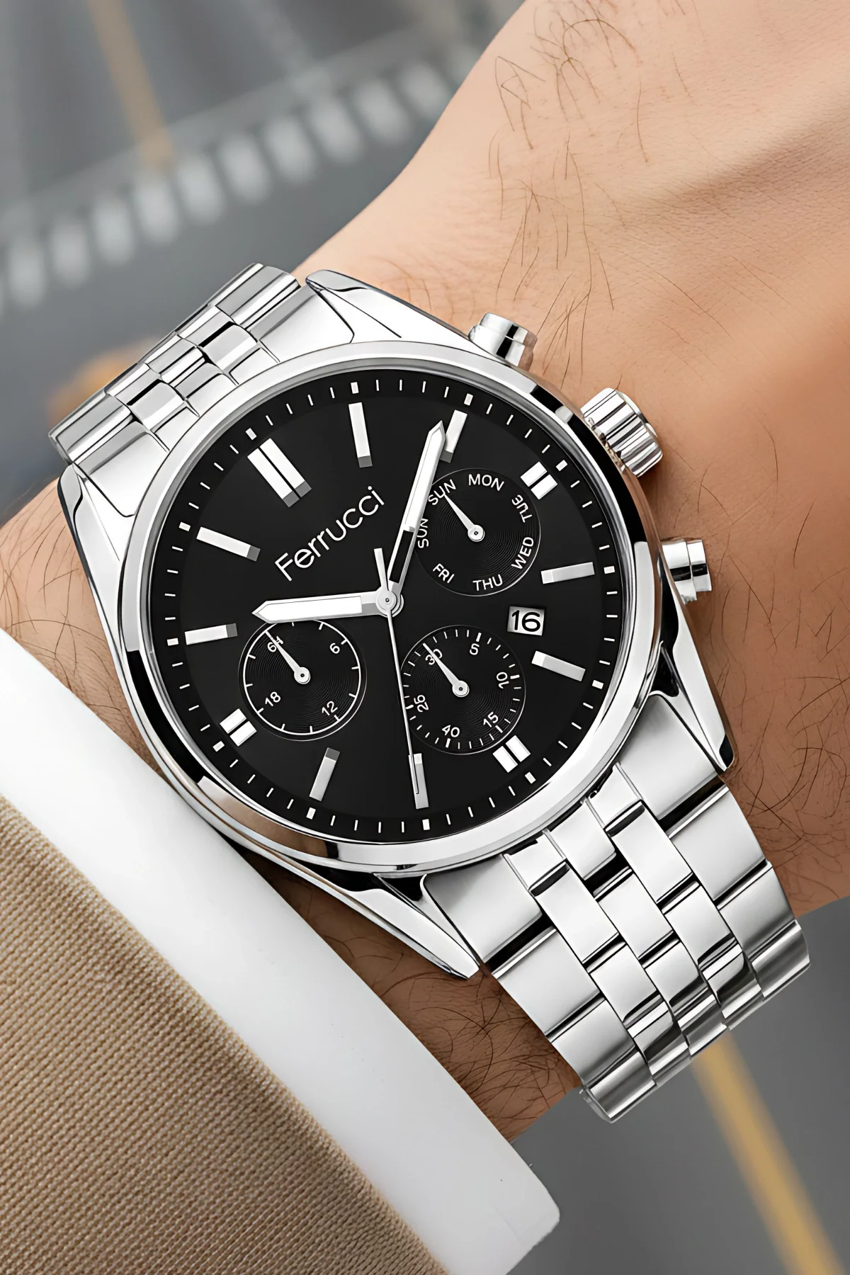 Ferrucci Takvimli Erkek Kol Saati Çelik Kasa & Çelik Kordon Gümüş-Siyah zmfer205