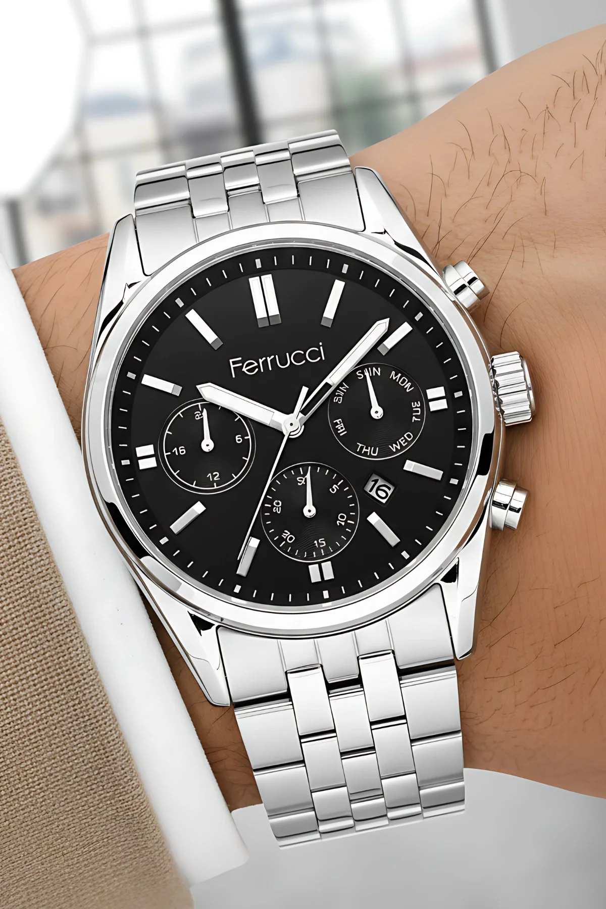 Ferrucci Takvimli Erkek Kol Saati Çelik Kasa & Çelik Kordon Gümüş-Siyah zmfer205