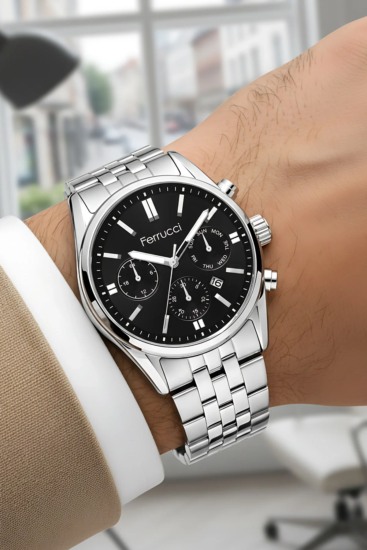 Ferrucci Takvimli Erkek Kol Saati Çelik Kasa & Çelik Kordon Gümüş-Siyah zmfer205