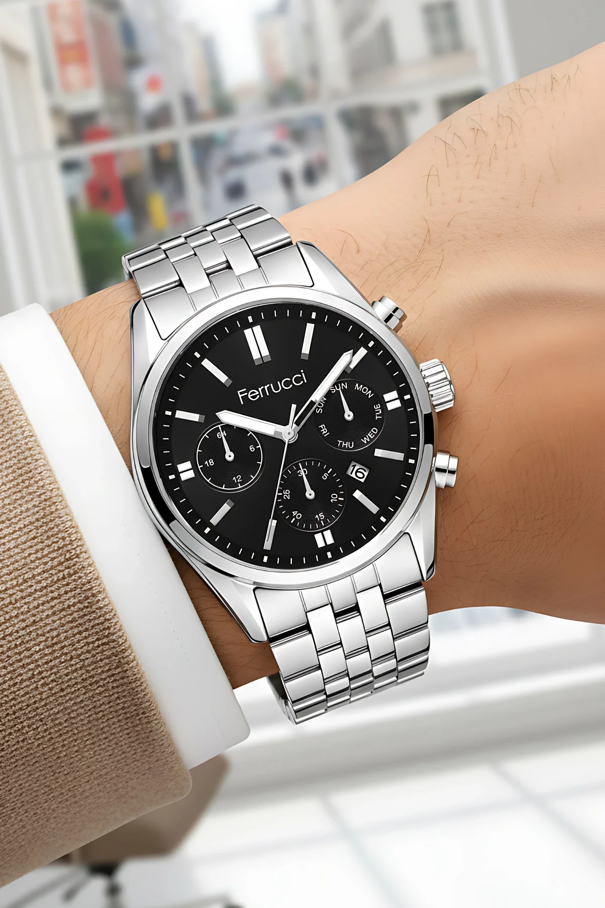 Ferrucci Takvimli Erkek Kol Saati Çelik Kasa & Çelik Kordon Gümüş-Siyah zmfer205