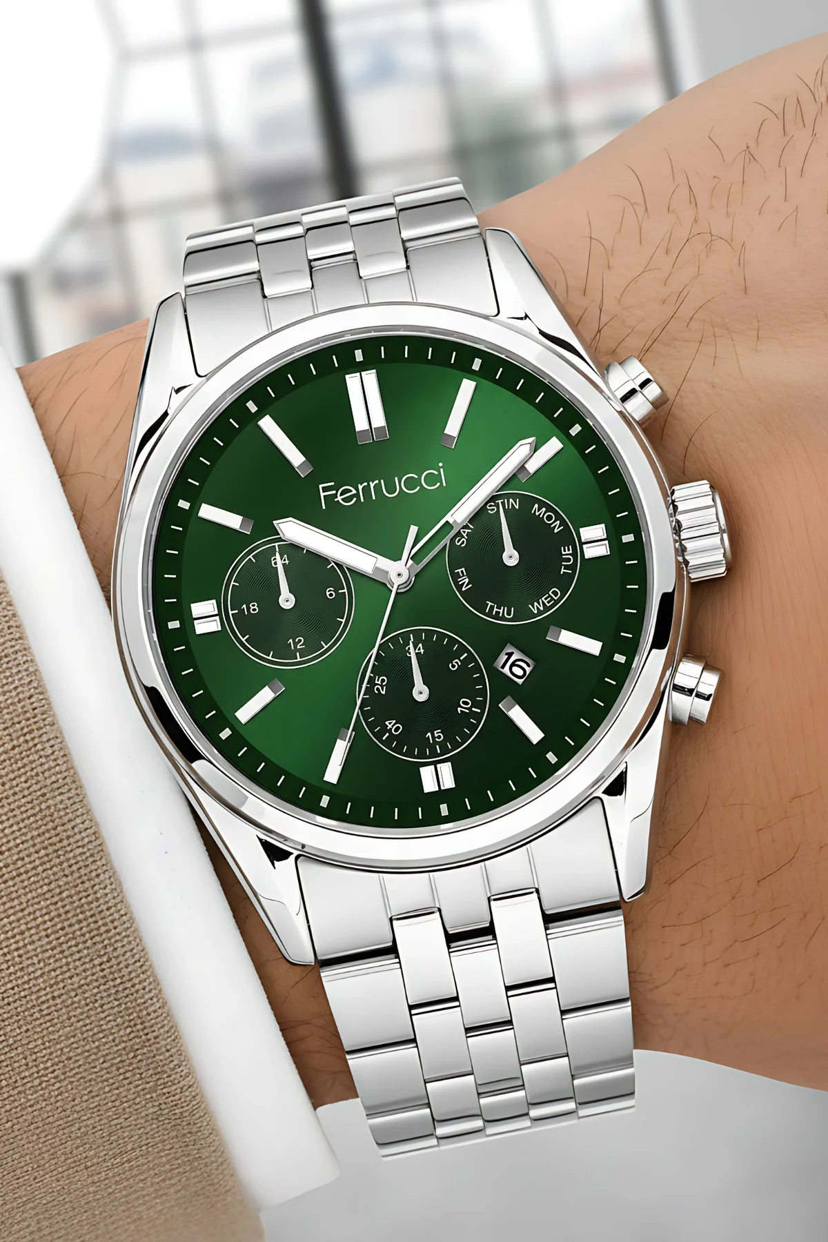 Ferrucci Takvimli Erkek Kol Saati Çelik Kasa & Çelik Kordon Gümüş-Yeşil zmfer205