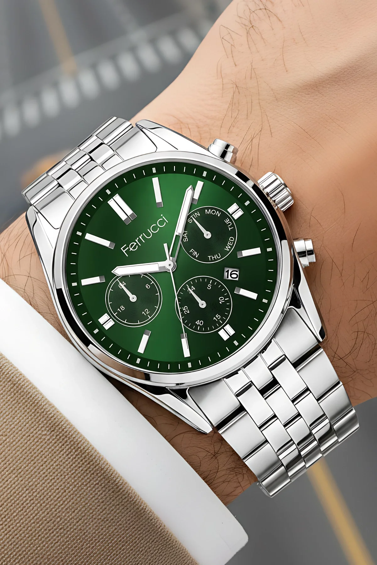 Ferrucci Takvimli Erkek Kol Saati Çelik Kasa & Çelik Kordon Gümüş-Yeşil zmfer205