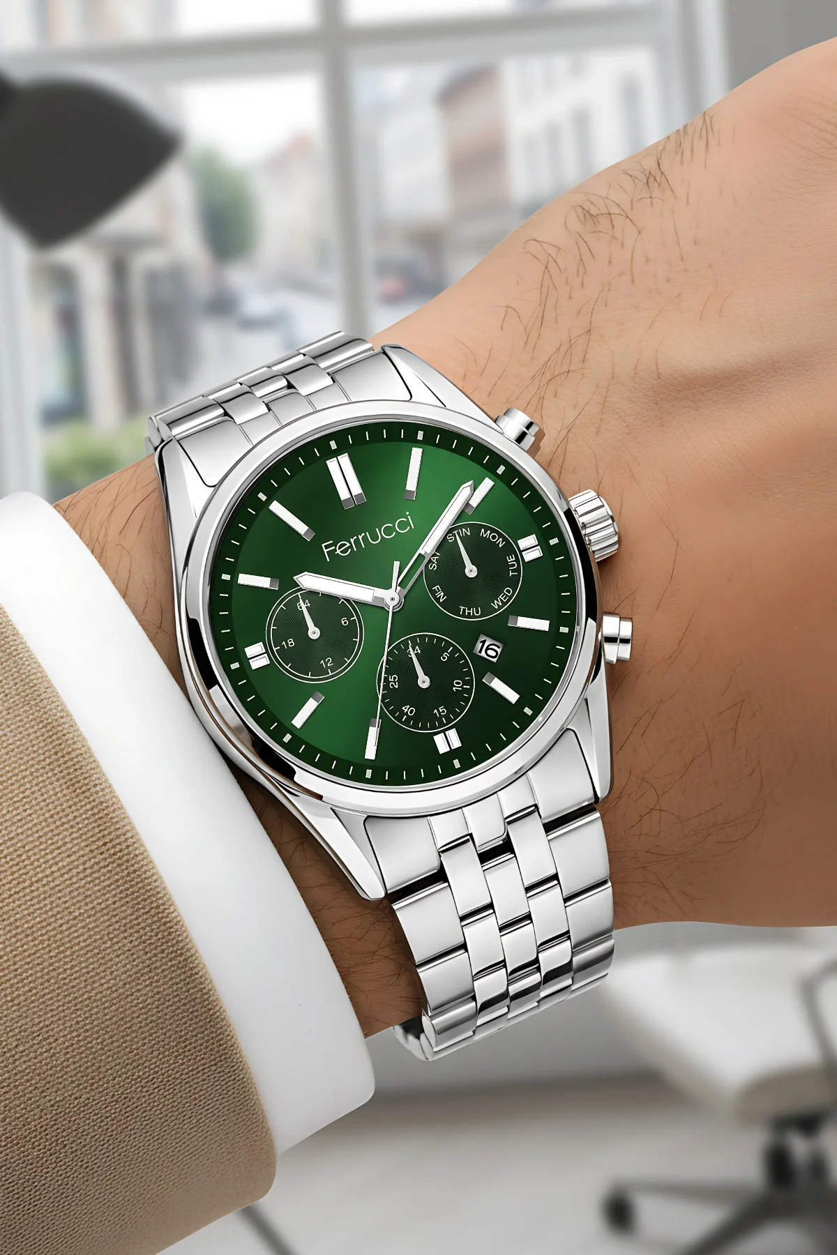 Ferrucci Takvimli Erkek Kol Saati Çelik Kasa & Çelik Kordon Gümüş-Yeşil zmfer205