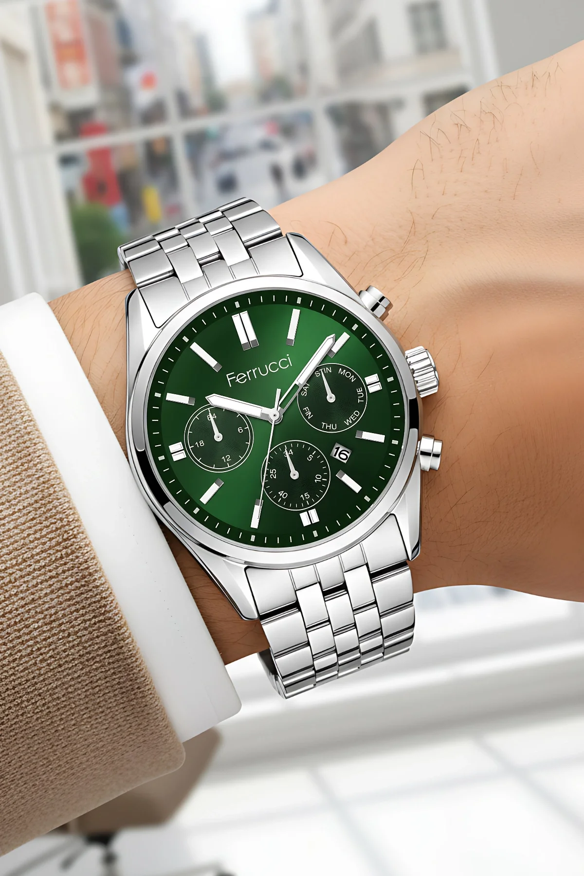 Ferrucci Takvimli Erkek Kol Saati Çelik Kasa & Çelik Kordon Gümüş-Yeşil zmfer205