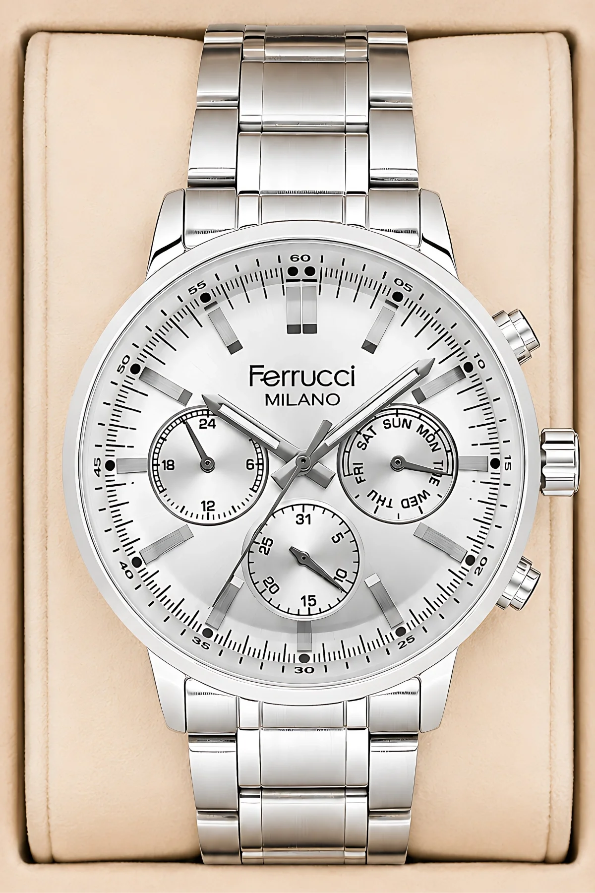 Ferrucci Function Erkek Kol Saati Çelik Kordon Çelik Kasa+Bileklik Gümüş-Beyaz zmfer047