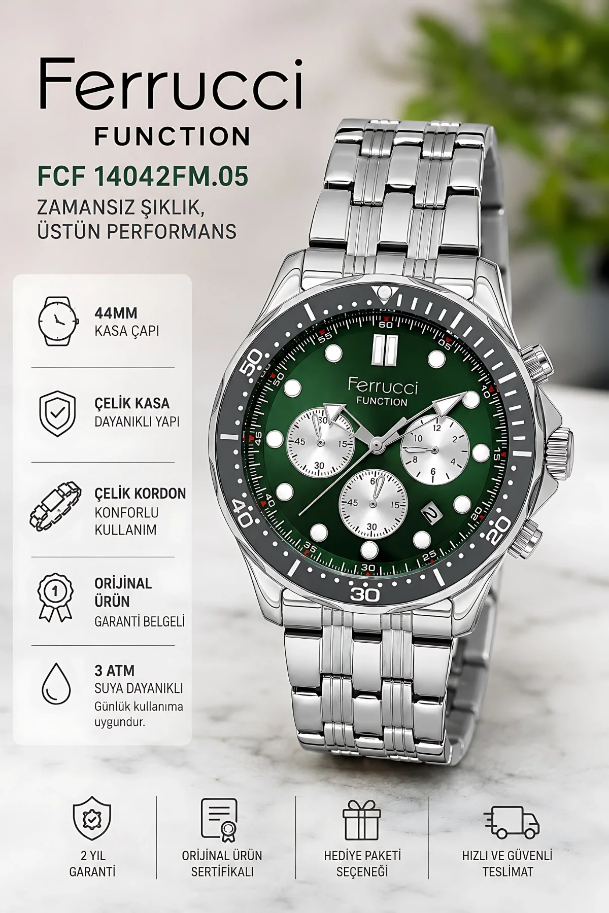 Ferrucci Function Erkek Kol Saati Çelik Kordon&Kasa 3 ATM+Bileklik Hediye zmfer088