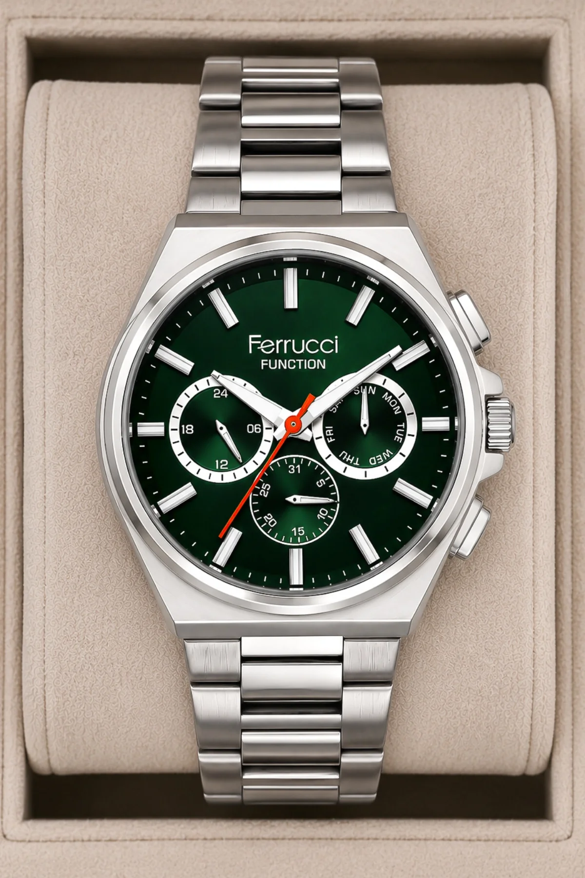 Ferrucci Function Erkek Kol Saati - Gümüş Renk Kasa ve Çelik Kordon, Yeşil Kadran ZMFer063