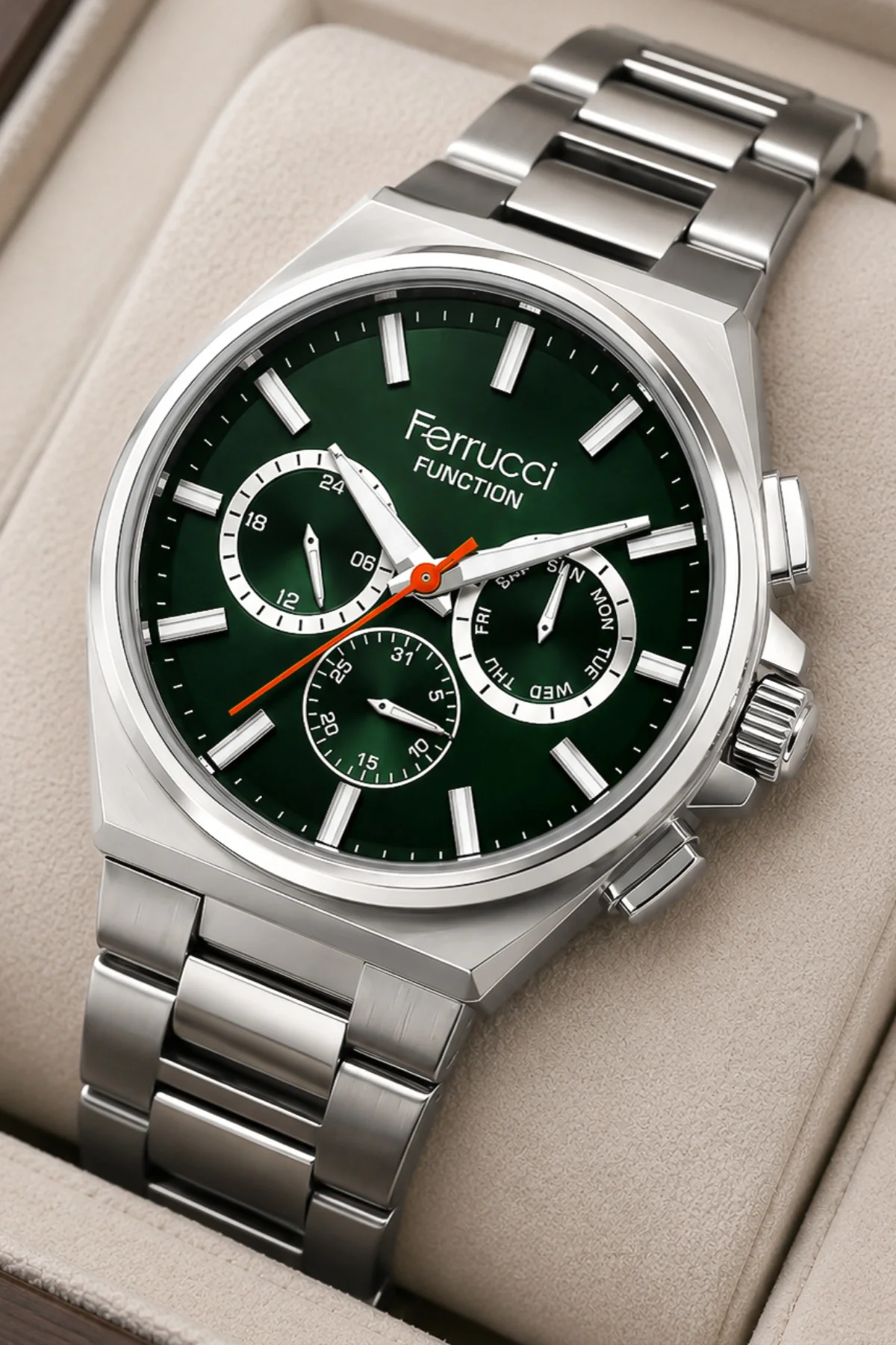Ferrucci Function Erkek Kol Saati - Gümüş Renk Kasa ve Çelik Kordon, Yeşil Kadran ZMFer063