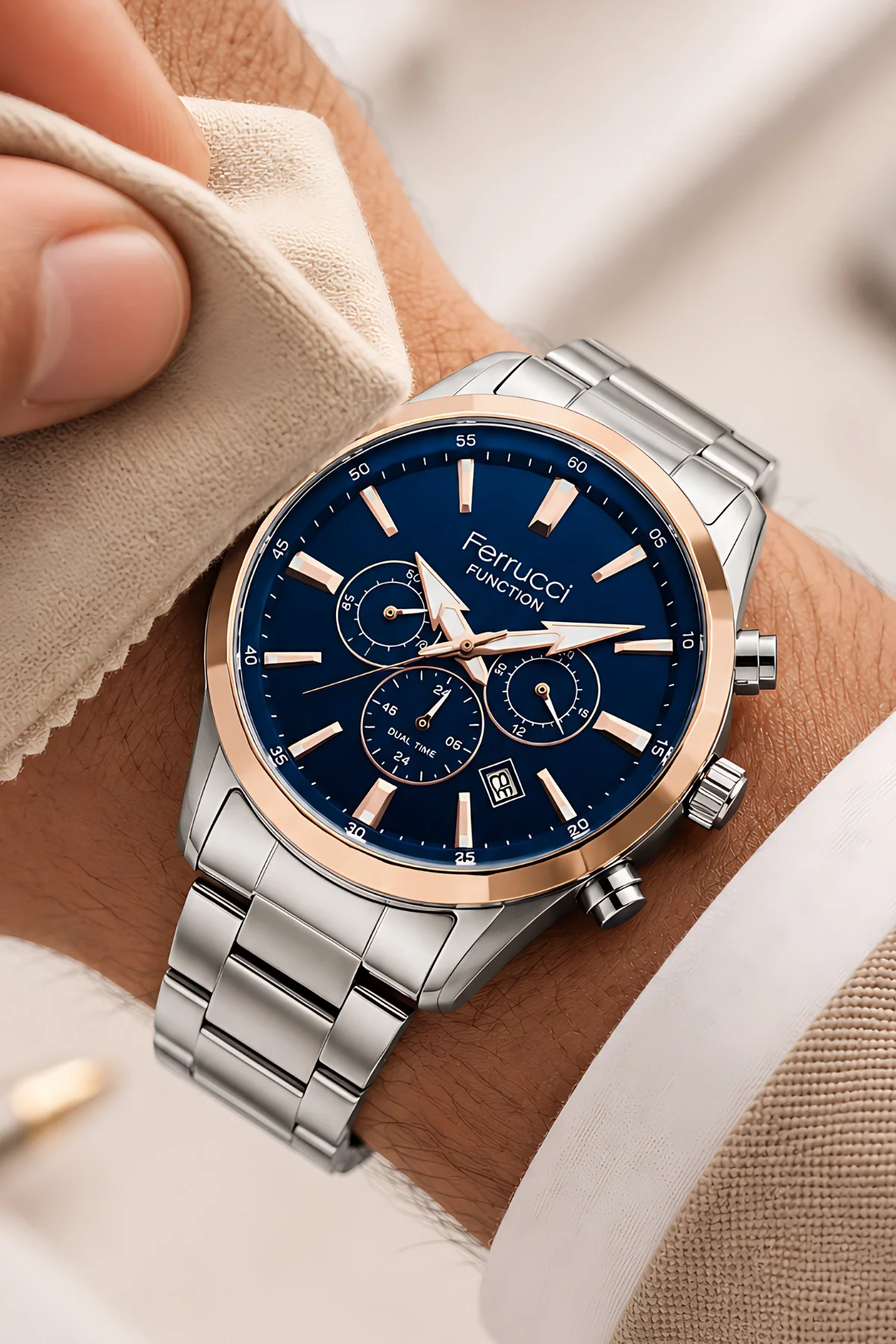 Ferrucci Function Gümüş Renk Çelik Kordon Rose Kasa Erkek Kol Saati 3 Atm Suya Dayanıklı ZMFER041