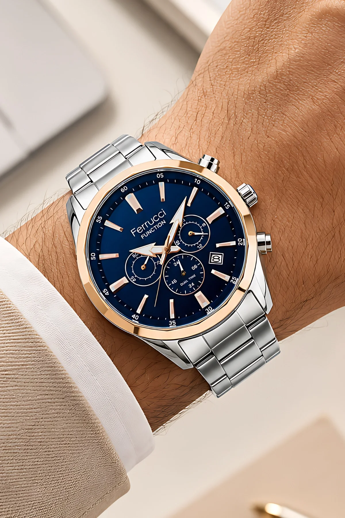 Ferrucci Function Gümüş Renk Çelik Kordon Rose Kasa Erkek Kol Saati 3 Atm Suya Dayanıklı ZMFER041